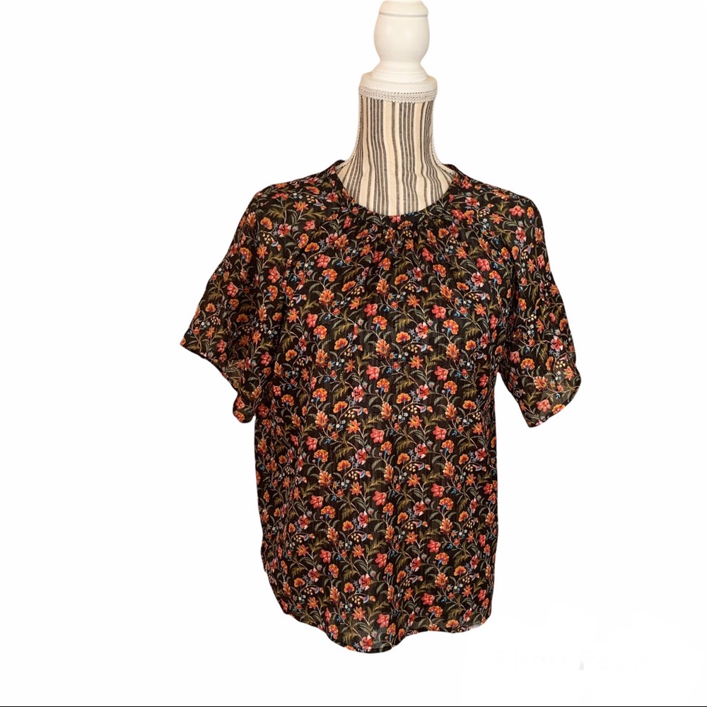 LOFT Petite Small Black Colorful Floral Casual Blouse - Picture 4 of 8